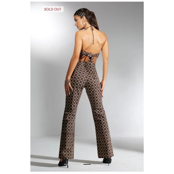 MOTEL Zoven Flare Trouser Chain Tangle Dark Brown Geometric Print Women's Small - Picture 6 of 6